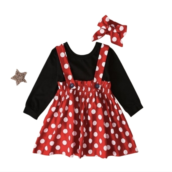 Girls Red & White Polka Dot Overall Dress 12-M Halloween Costume 3-pc Set Bow - Picture 10 of 17